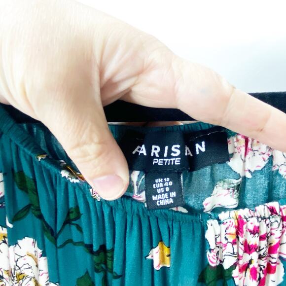 2/$30 Parisian 8 Petite Woens Green Pink Floral Print Peasant Mini Dress Tunic - Picture 5 of 9